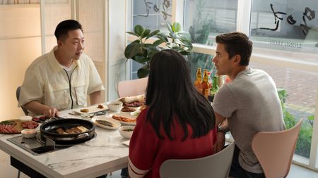 Expert Chef Jun Lee, Awkwafina and Antoni Porowski eat Korean BBQ at Hanwoo Beef Restaurant. (National Geographic/Rebecca Eishow)