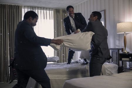 Ralph Abernathy, played by Hubert Point-Du Jour, Martin Luther King Jr., played by Kelvin Harrison Jr., and Andrew Young, played by Anwar Ali, have a pillow fight in GENIUS: MLK/X. (National Geographic/Richard DuCree)