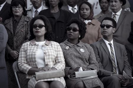 Coretta Scott King, played by Weruche Opia, and Juanita Abernathy, played by Sasha Compère, watch Martin give his iconic dream speech in GENIUS: MLK/X. (National Geographic/Richard DuCree)