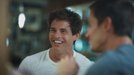 James Marsden and Antoni Porowski at the bar at Alpine Schlossanger. (National Geographic)