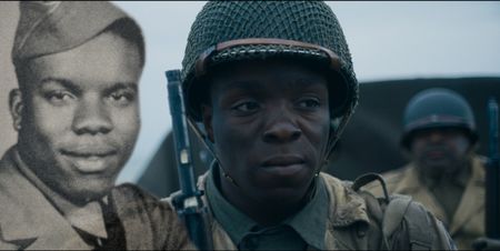 Private Henry Parham and actor Ishmel Bridgeman appear in a composite portrait created for a WW2 historic reenactment production featured in "Erased: WW2's Heroes of Color." Private Henry Parham served with the 320th Barrage Balloon Battalion on D-Day. (National Geographic)