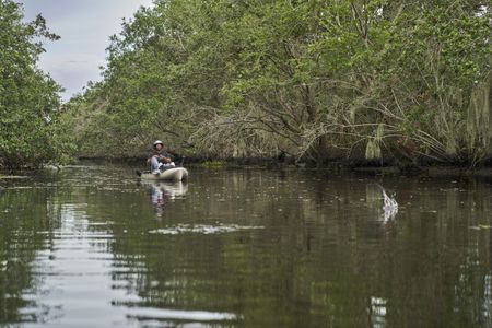 Anthony Mackie fishing from a kayak on the Bayous near Violet, Louisiana. (National Geographic/Brian Roedel)