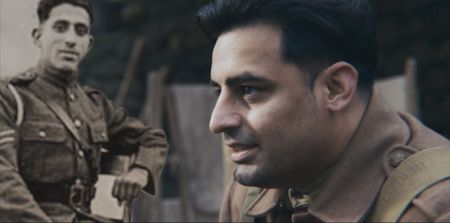 A composite image shows Corporal Chaudry Wali Mohammad next to actor Ali Afzal portraying him in a WW2 historic reenactment scene for "Erased: WW2's Heroes of Color." Corporal Chaudry Wali Mohammed was a member of Force K6, an Indian Regiment of mule handlers in WW2. Amidst the chaos of Dunkirk and the advancing German Army, one little-known Indian Regiment fights for victory and independence. (National Geographic)