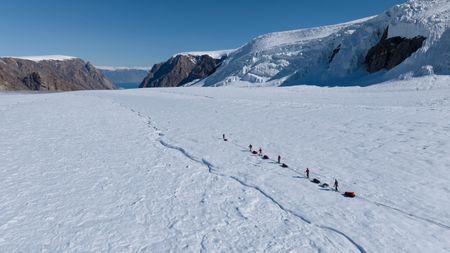 Alex Honnold and his team descend the Renland Icecap towards the Nordvestfjord in Eastern Greenland.  (photo credit: National Geographic/Pablo Durana)