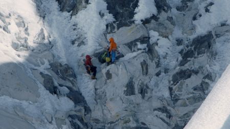 Conrad Anker (left) sits day at the belay as he has a heart attack in Lunag Ri, in the Himalayas.  (Mandatory credit: Red Bull Media House)