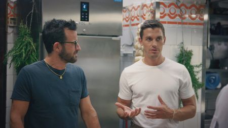 Justin Theroux and Antoni Porowski in the kitchen at Locanda del Falco. (National Geographic)